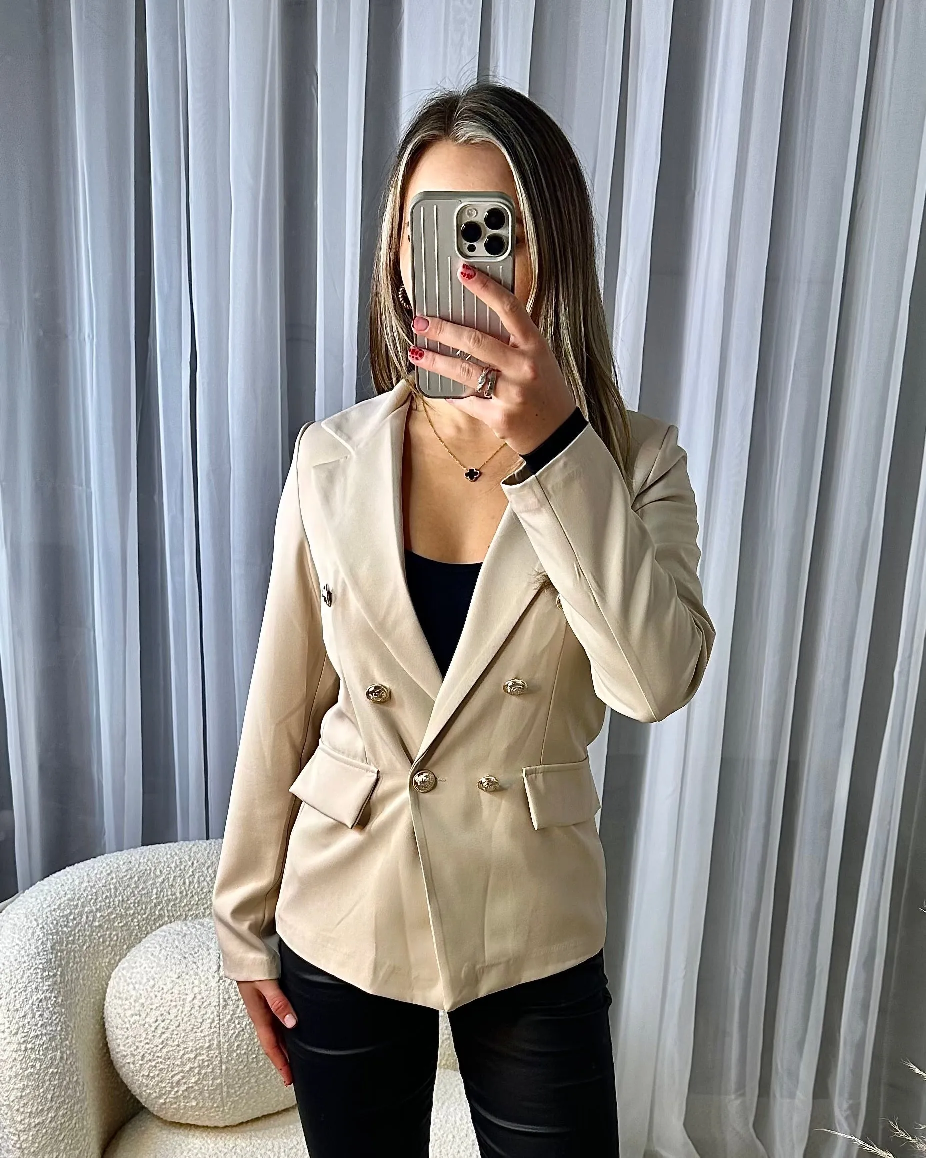 Thea Fitted Gold Button Blazer - Beige