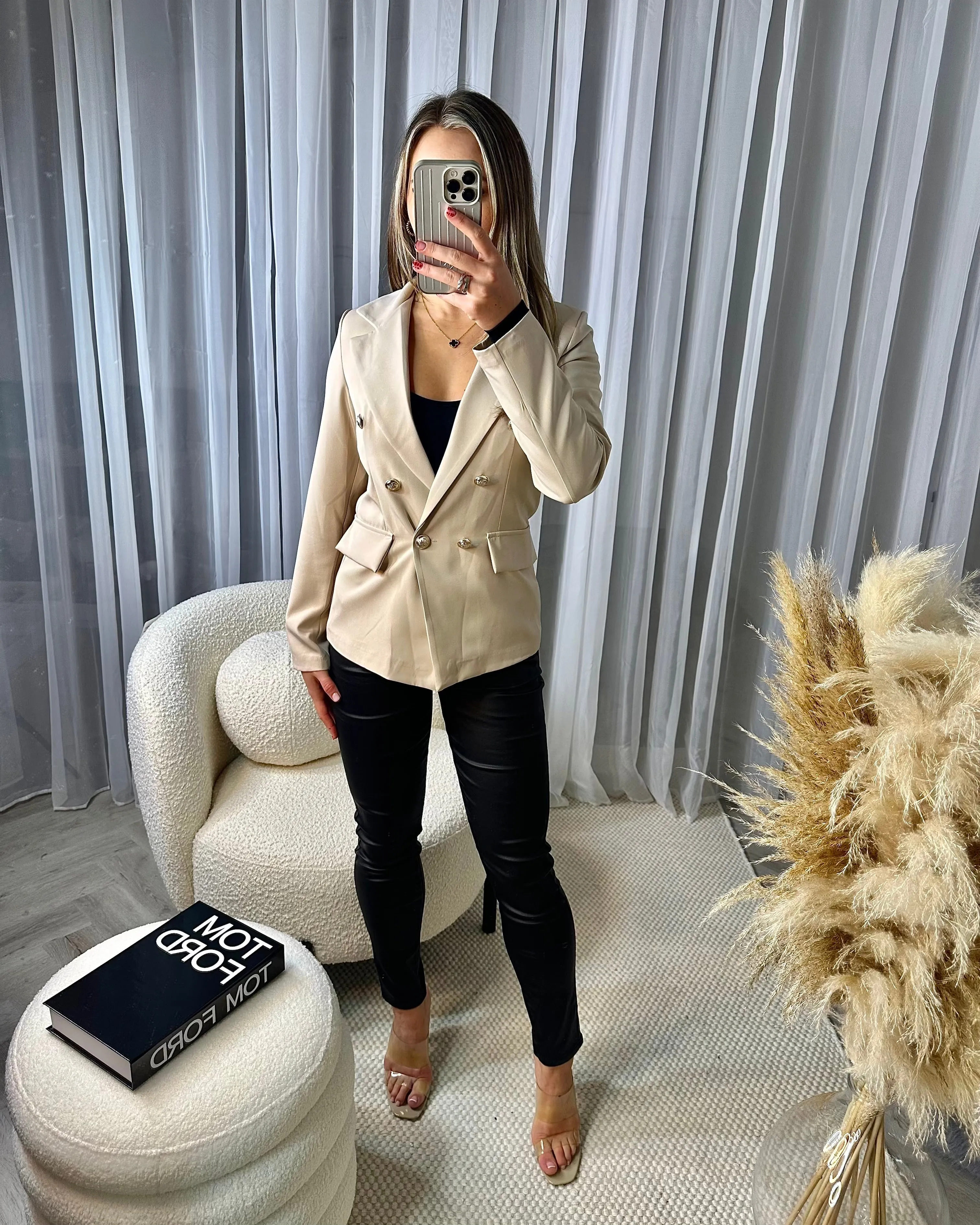 Thea Fitted Gold Button Blazer - Beige