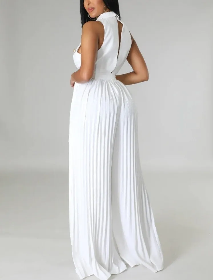 Ultramod Pleated Sleeveless Wide Leg White Jumpsuit - Ships in 24 Hrs