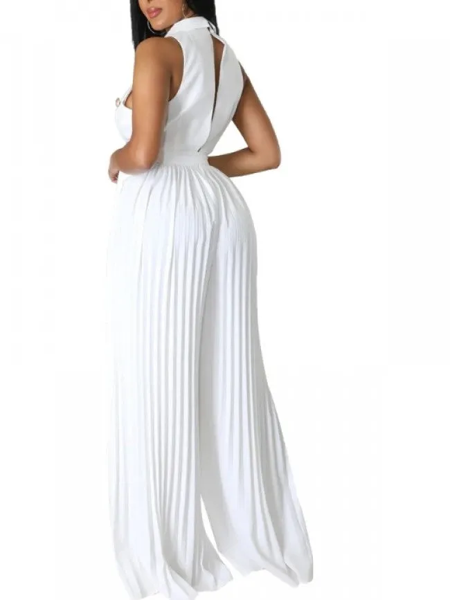 Ultramod Pleated Sleeveless Wide Leg White Jumpsuit - Ships in 24 Hrs