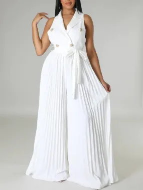 Ultramod Pleated Sleeveless Wide Leg White Jumpsuit - Ships in 24 Hrs