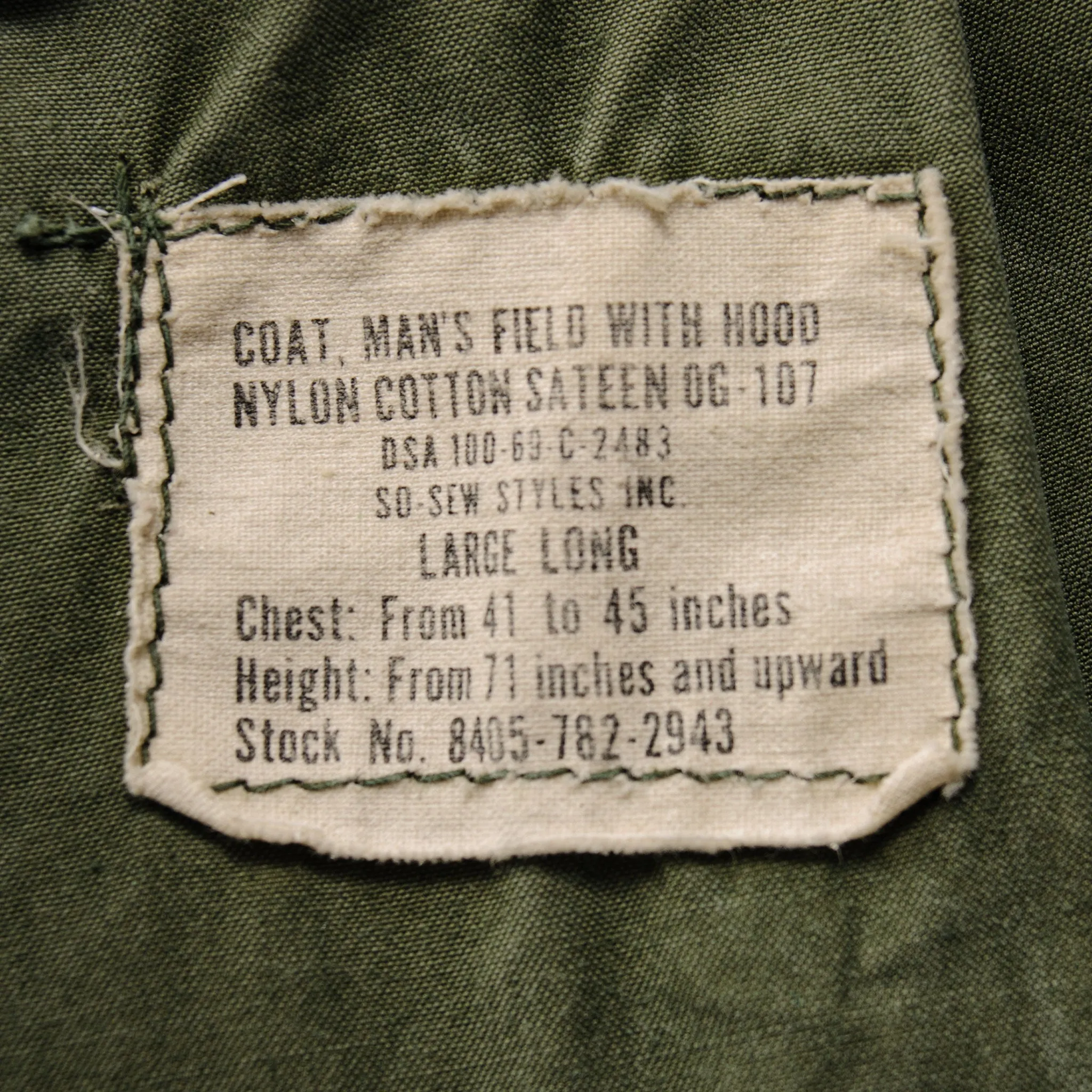 US ARMY M-1965 M65 FIELD JACKET 1969 VIETNAM WAR SIZE LARGE LONG