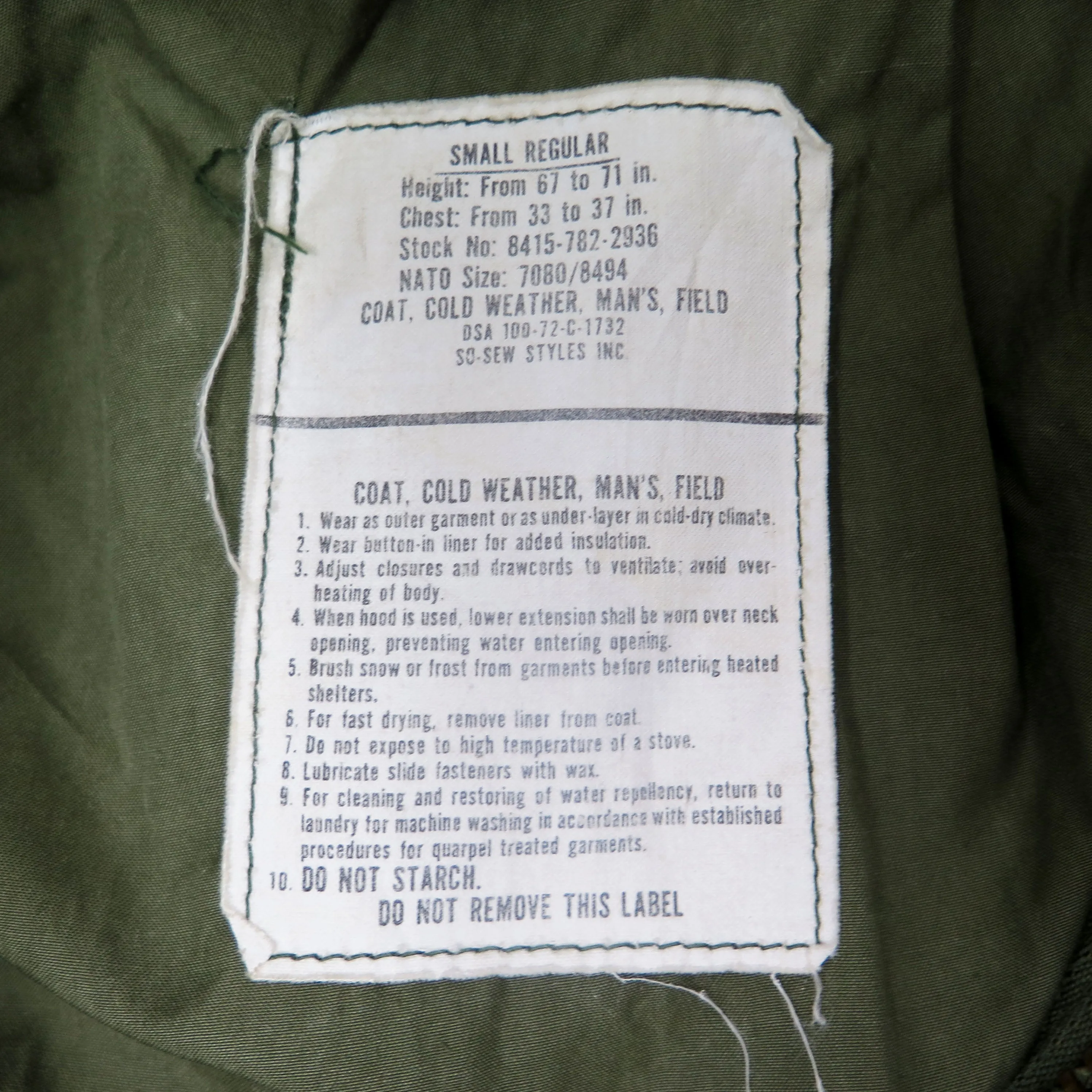 US ARMY M-1965 M65 FIELD JACKET 1972 VIETNAM WAR SIZE SMALL REGULAR