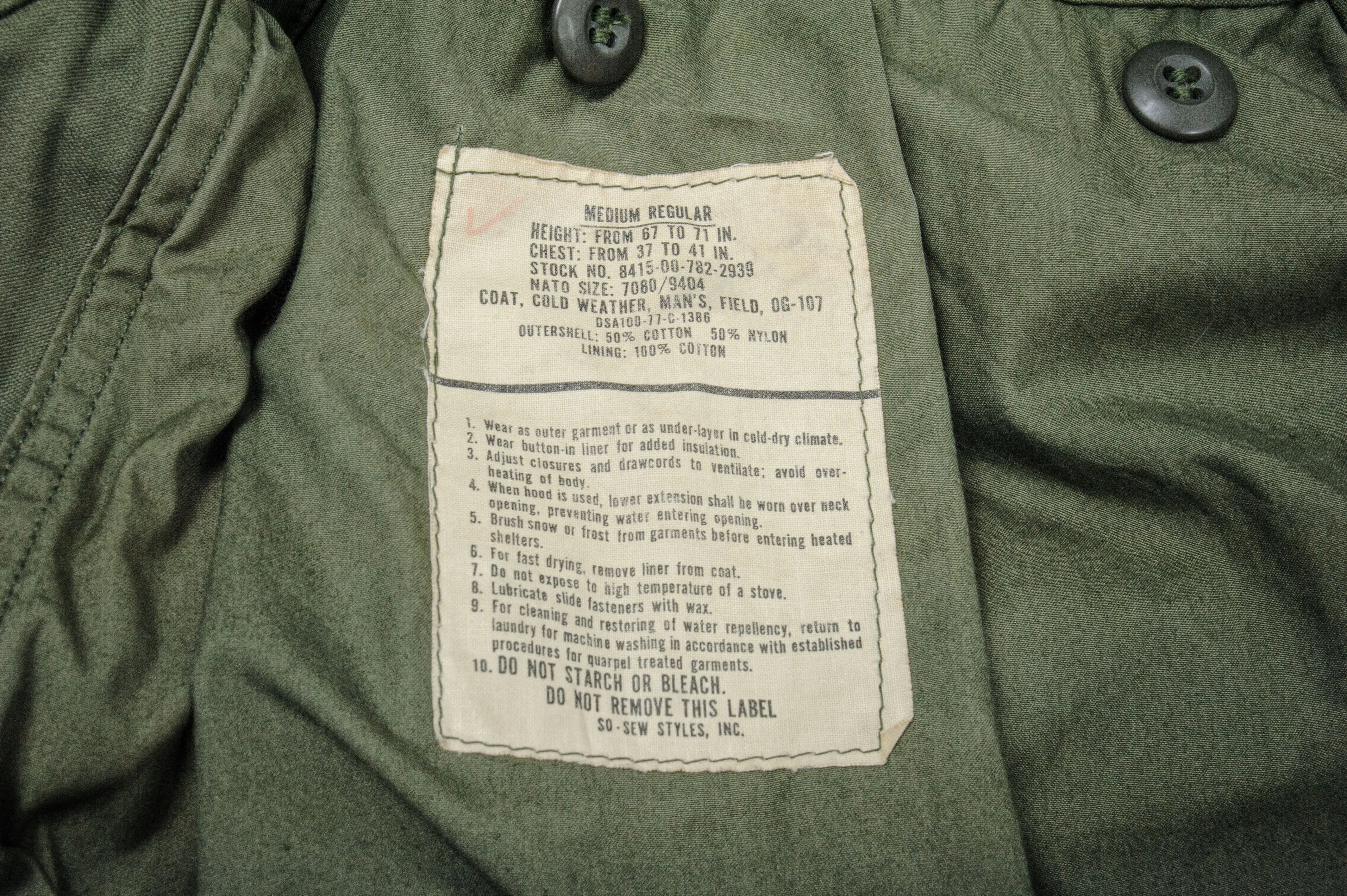 US ARMY M-1965 M65 FIELD JACKET 1977 SIZE MEDIUM REGULAR