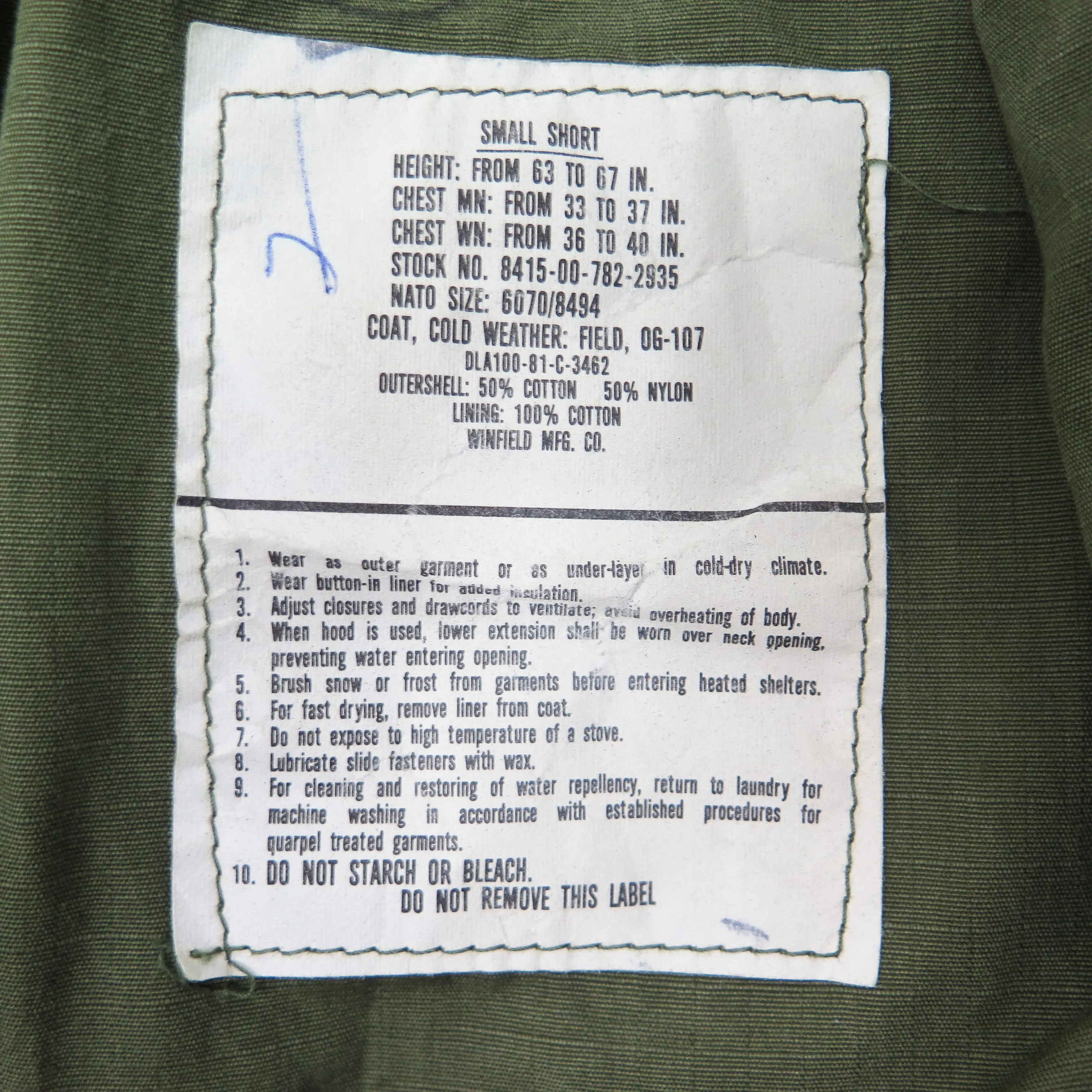 US ARMY M-1965 M65 FIELD JACKET 1981 SIZE SHORT SMALL