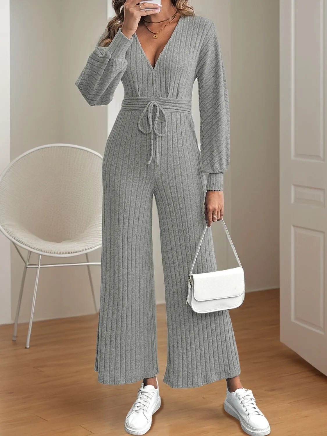 V-Neck Long Sleeve Wide Leg Jumpsuit