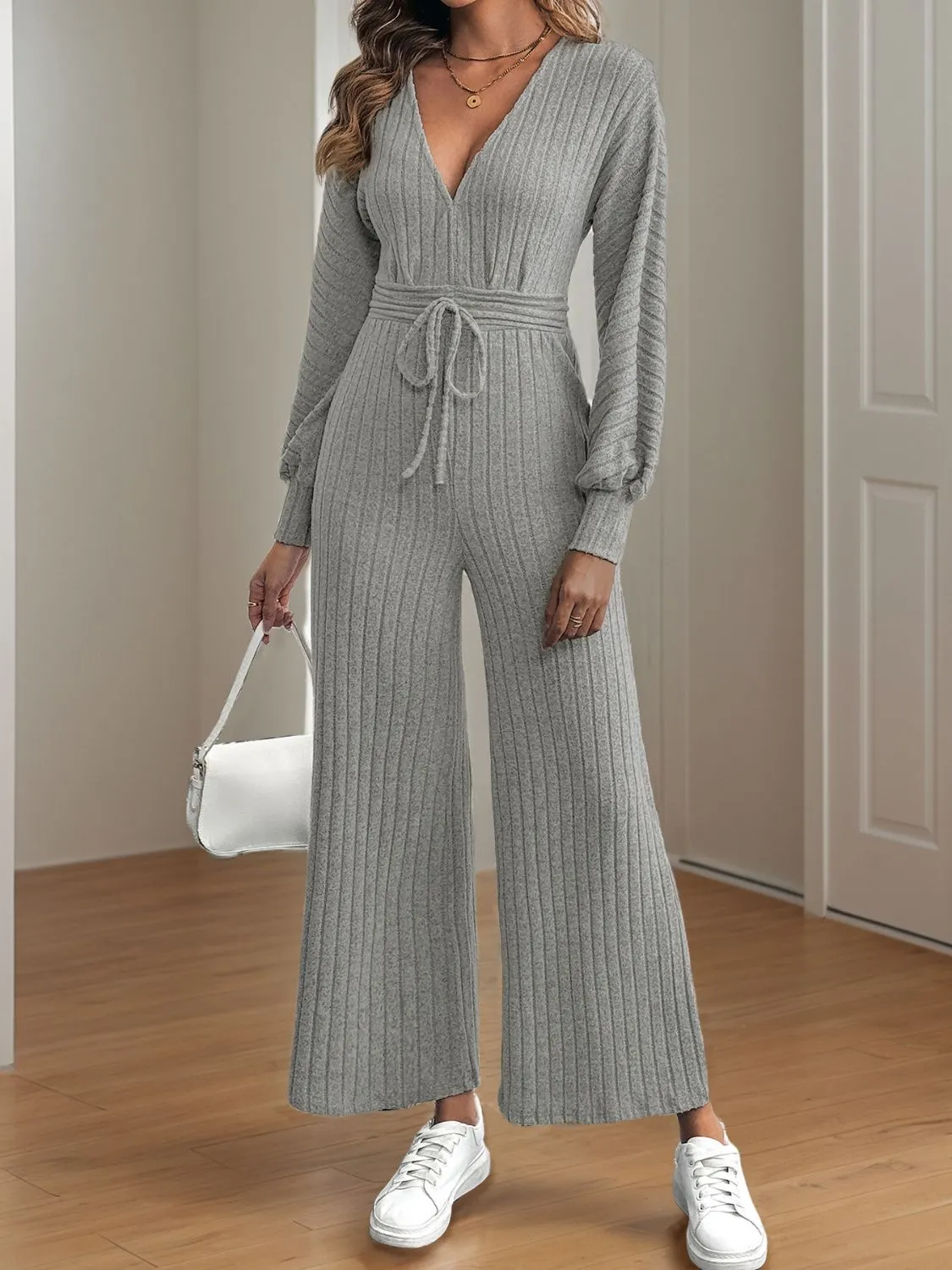 V-Neck Long Sleeve Wide Leg Jumpsuit