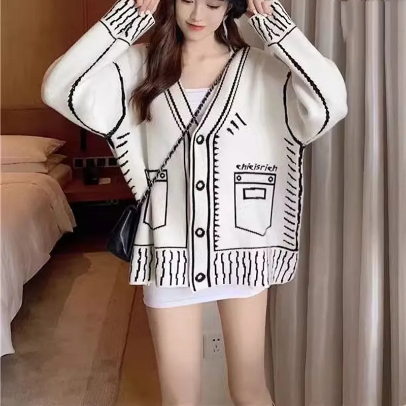 Vector Graffiti Loose V-neck Cardigan Sweater Coats