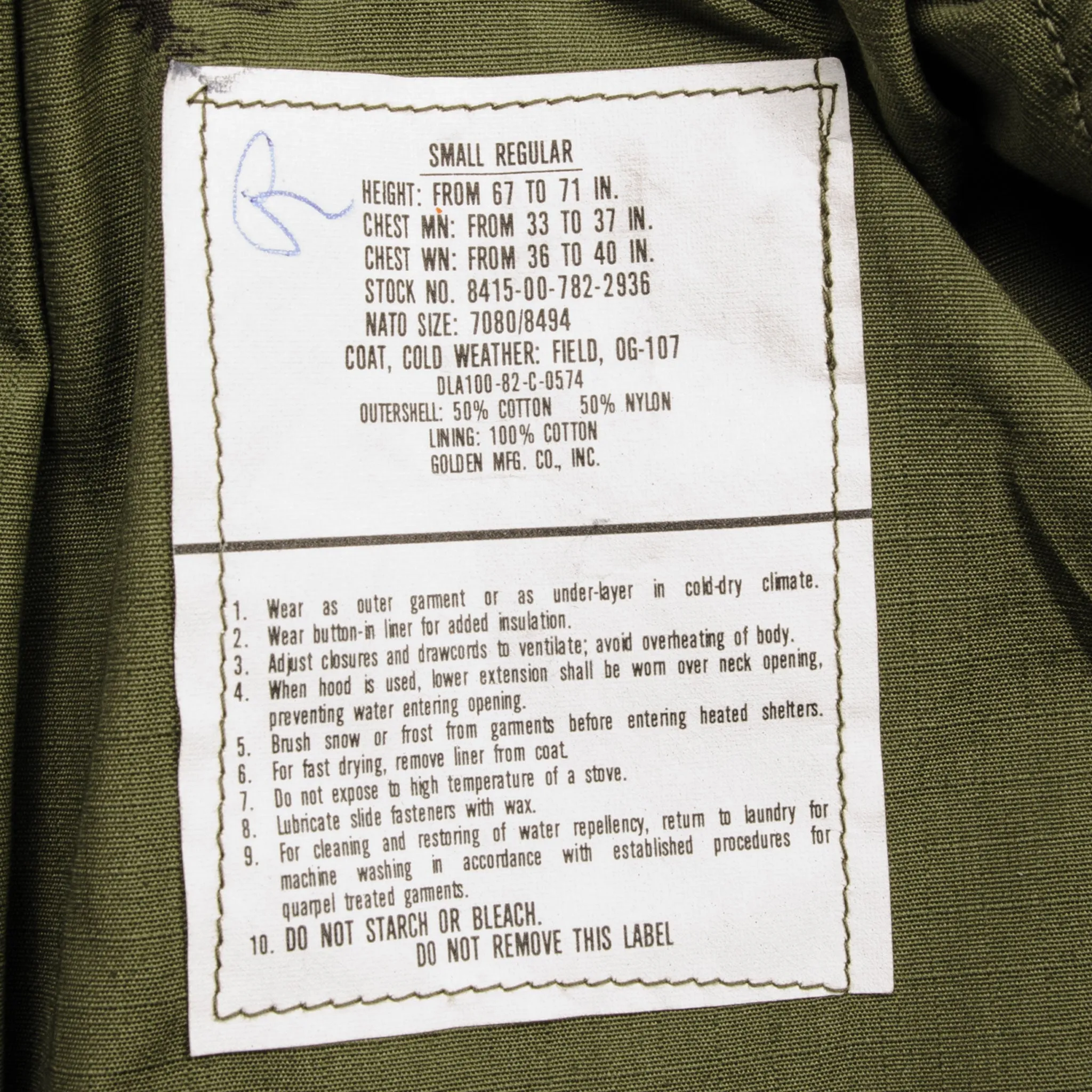 VINTAGE US ARMY M-1965 M65 FIELD JACKET 1982 SIZE SMALL REGULAR