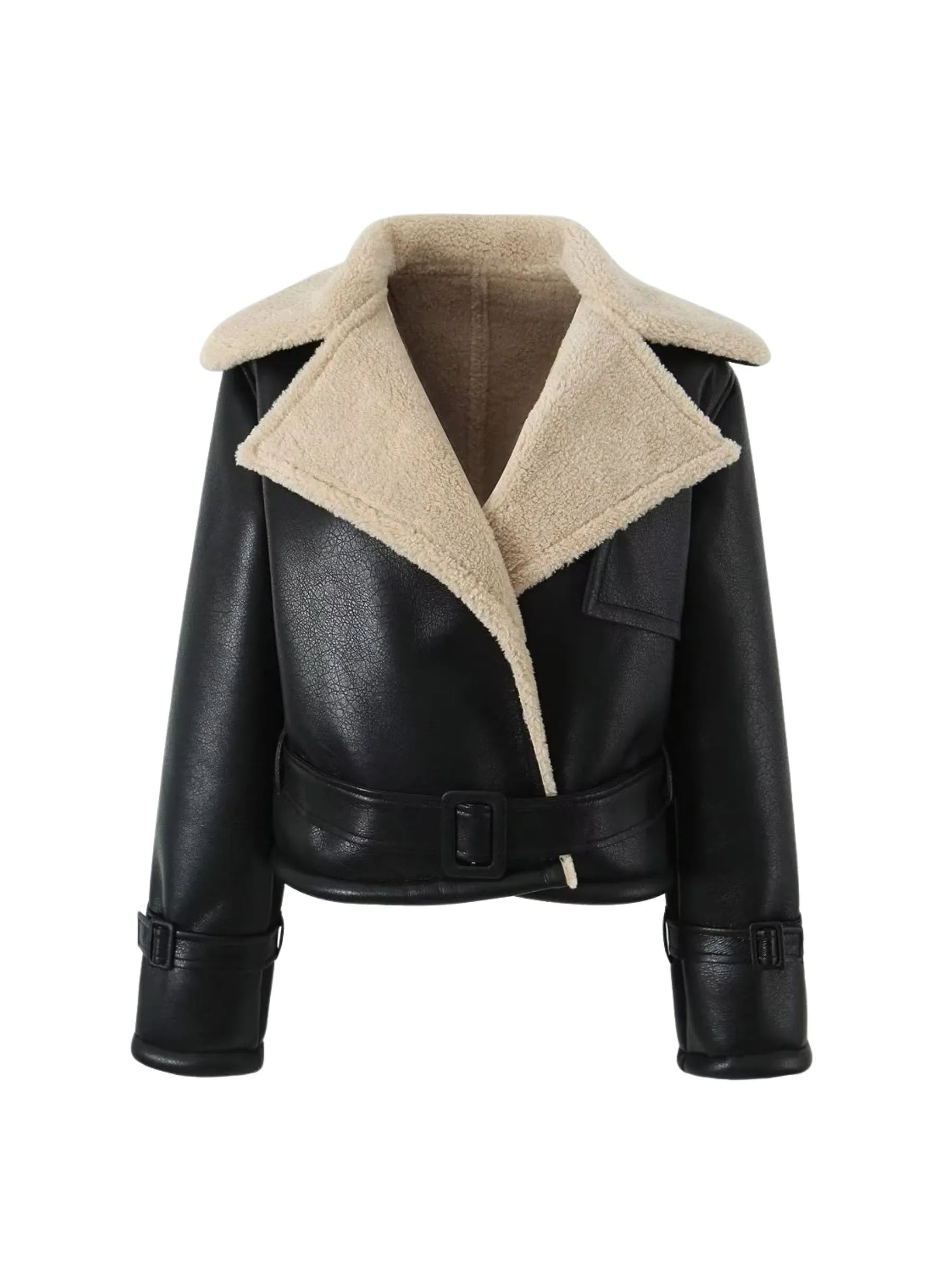 Wenkouban-Winter Outfits Christmas Leeana Shearling Faux Leather Aviator Jacket