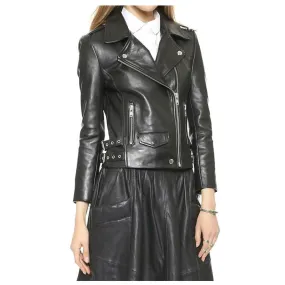 WOMEN GENUINE LAMBSKIN LEATHER BIKER JACKET BLACK ZIPPER BIKER JACKET