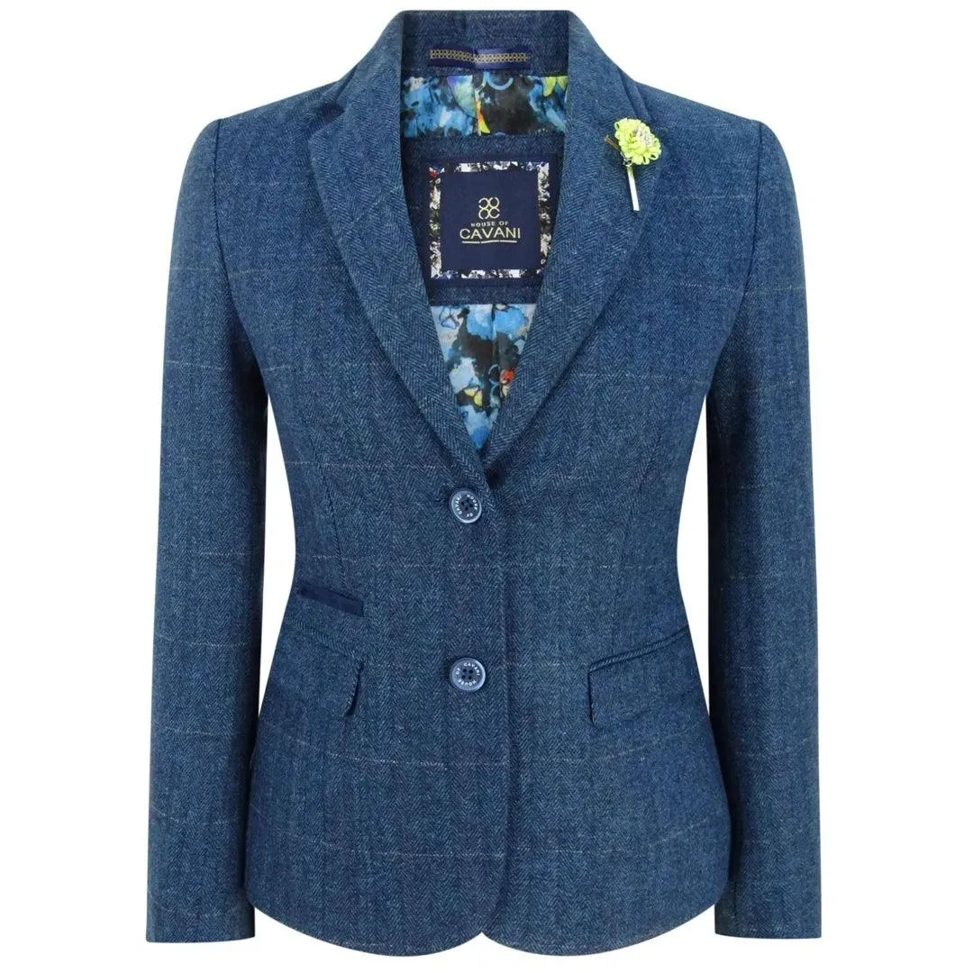 Women Navy Blue Blazer Tweed Check 1920's Peaky Blinders Tailored Fit Vintage