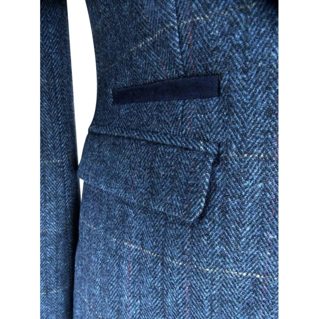 Women Navy Blue Blazer Tweed Check 1920's Peaky Blinders Tailored Fit Vintage