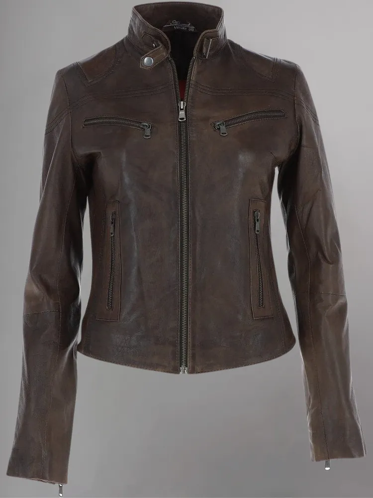 WOMEN SLIM FIT GENUINE BIKER STYLE CAFE RACER BLUE LEATHER JACKET