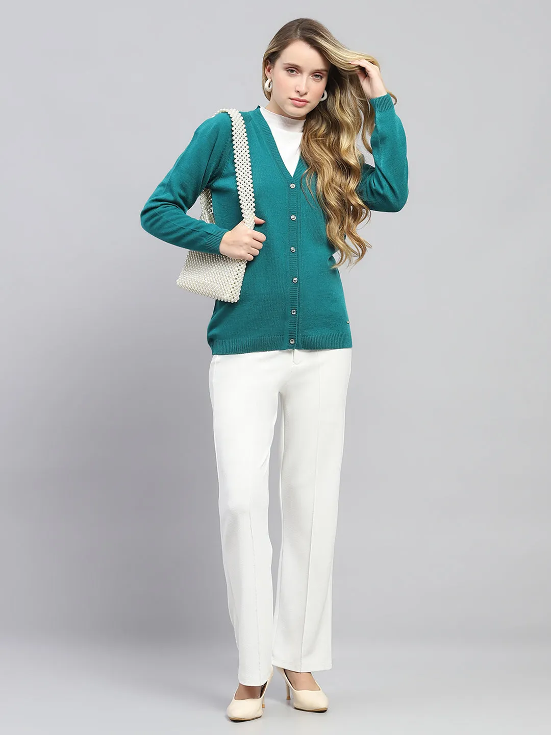 Women Teal Blue Solid V Neck Full Sleeve Cardigan