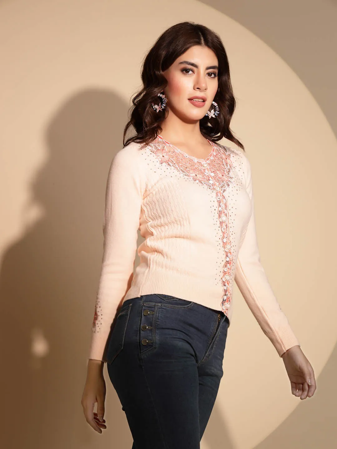 Women's Embroidery V-Neck Peach Cardigan