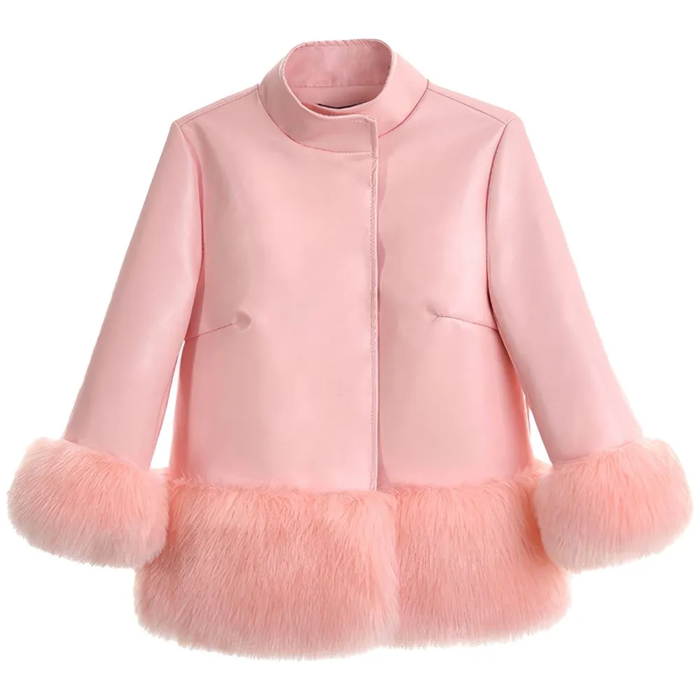 Women’s Pink Faux Shearling Fur Korean-Style Sheepskin Leather Jacket