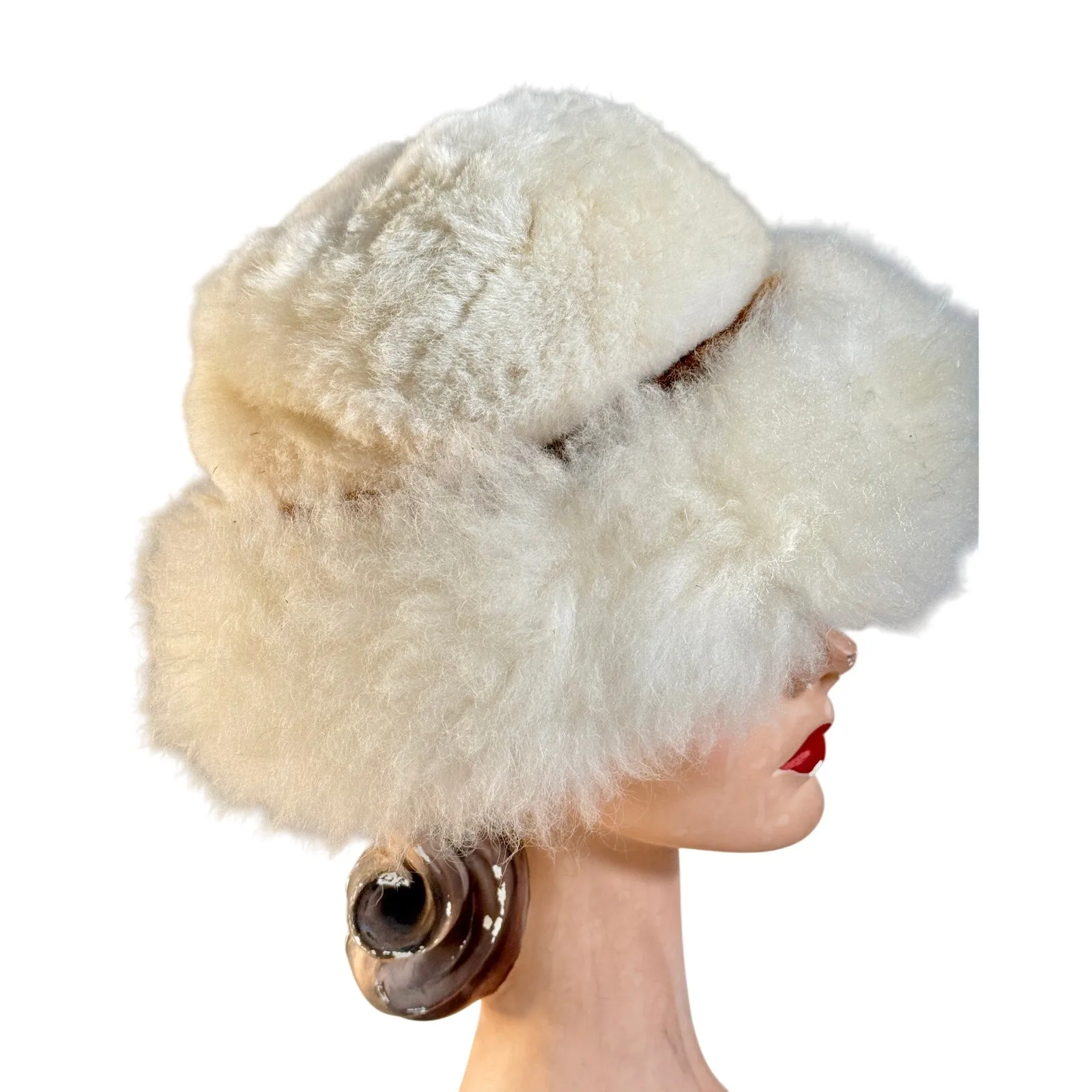 Womens VTG Ivory Shearling Big Brimmed Hat 1970s Large Size Pom Poms