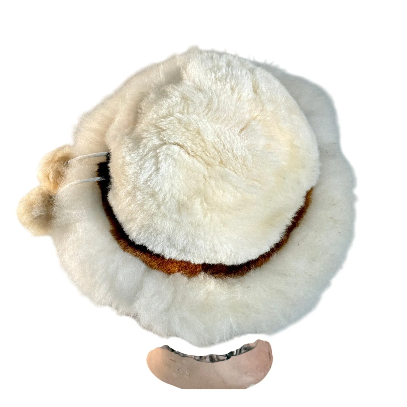 Womens VTG Ivory Shearling Big Brimmed Hat 1970s Large Size Pom Poms