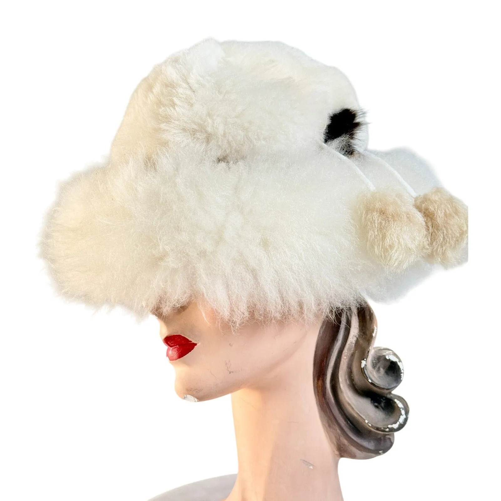 Womens VTG Ivory Shearling Big Brimmed Hat 1970s Large Size Pom Poms