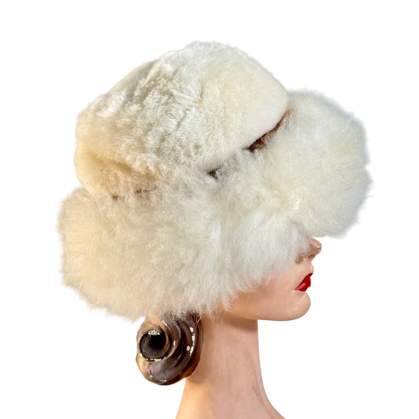 Womens VTG Ivory Shearling Big Brimmed Hat 1970s Large Size Pom Poms