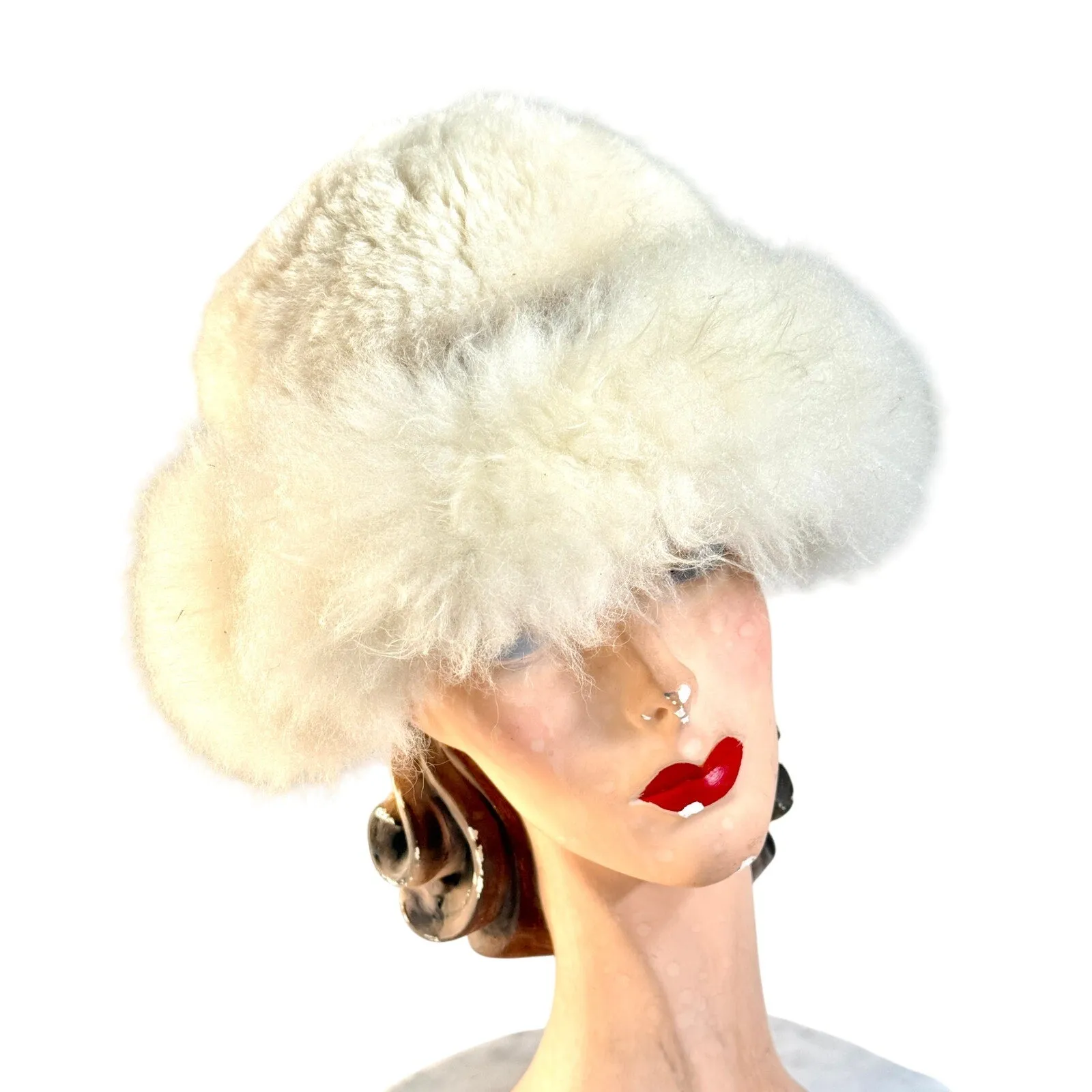 Womens VTG Ivory Shearling Big Brimmed Hat 1970s Large Size Pom Poms