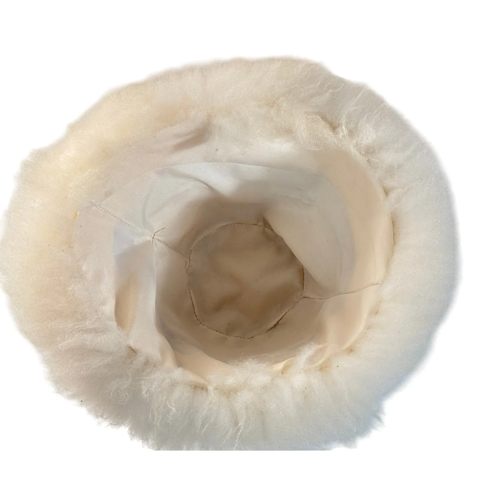 Womens VTG Ivory Shearling Big Brimmed Hat 1970s Large Size Pom Poms