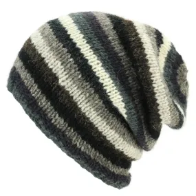 Wool Knit Baggy Slouch Beanie Hat - Stripe Greys